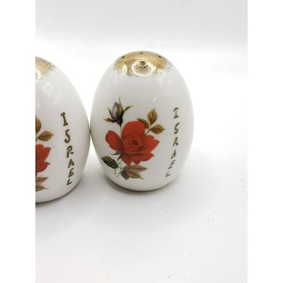 Vintage ISRAEL Signed Porcelain Hand Painted Rose Floral 14k Gold Salt Pepper Sh - Picture 8 of 9